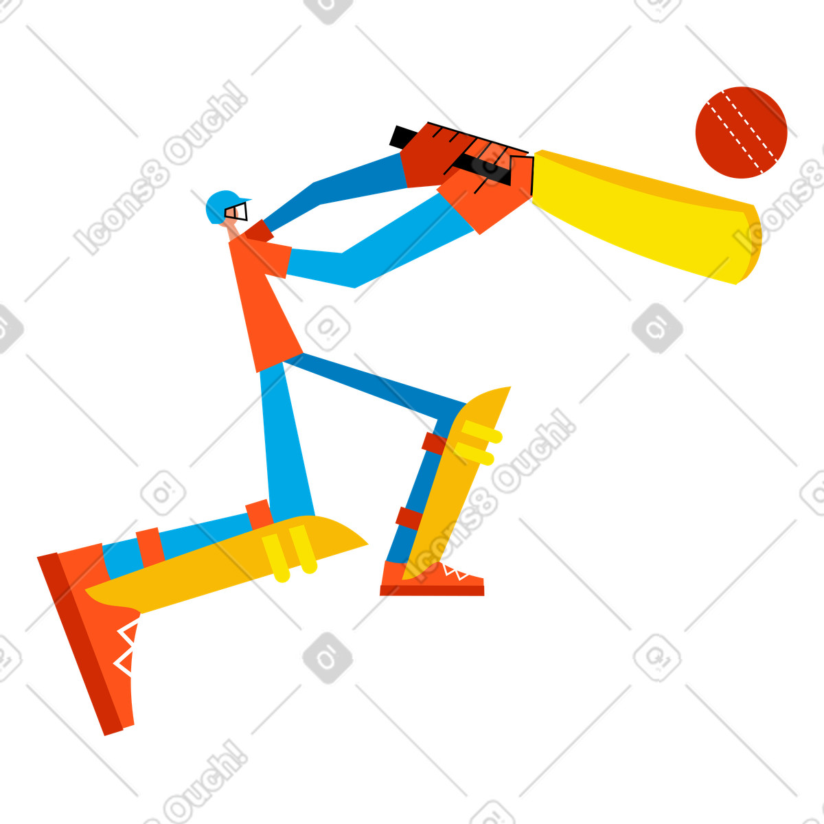 Illustration Un joueur de cricket frappe la balle avec une batte dans le style Warp à télécharger aux formats PNG, SVG