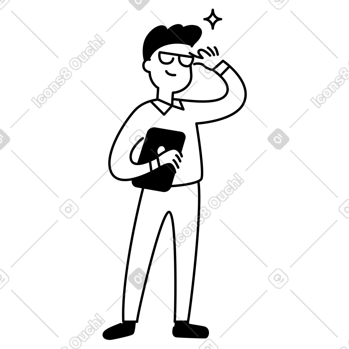 Notion Line Art 스타일의 Character holding tablet adjusting glasses with confident smile and sparkle 일러스트레이션 PNG, SVG 다운로드