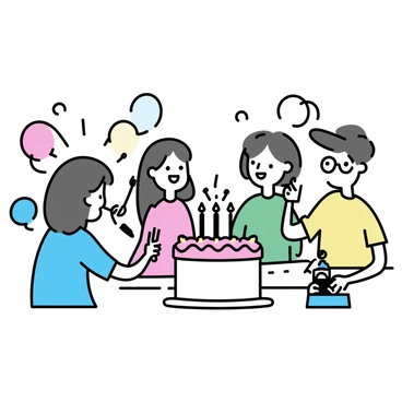 A group of four friends gathered around a large, round cake with pastel frosting. One friend, wearing a blue shirt, is holding a fork, ready to take a bite. Another friend in a red dress is laughing, her hands raised in excitement. The third friend, wearing glasses and a green sweater, is capturing the moment with a camera. The fourth friend, in a yellow t-shirt, is leaning in to blow out the candles on the cake. Balloons and party decorations are visible in the background, enhancing the festive atmosphere.