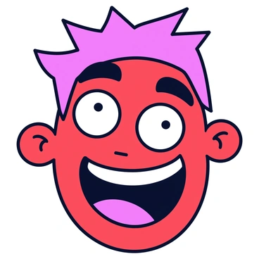 A cartoon illustration of an expressive face. The face has large, round eyes with bold black outlines. The eyebrows are highly arched and exaggerated in size, conveying a strong emotion. The mouth is wide open in a dramatic smile, showing a set of large teeth. The cheeks are round and flushed with a bright red color, enhancing the overall expression. The hair is styled in a spiky fashion, with each spike sharply defined and colored in vibrant shades. The background is a simple, solid color to emphasize the face.