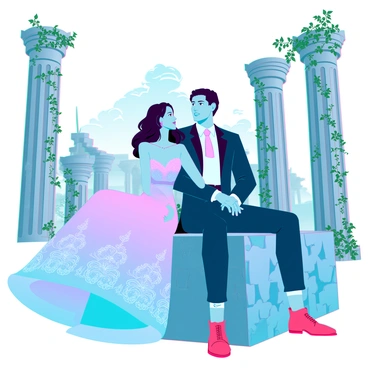 A couple dressed in elegant attire is sitting together amidst ancient stone ruins. The woman is wearing a flowing, ethereal gown with intricate lace details and soft pastel colors, while the man is dressed in a tailored suit with a crisp white shirt and a silk tie. They are seated on a large, weathered stone block, surrounded by towering columns and crumbling walls adorned with vines. Sunlight filters through the leaves, casting dappled shadows on their serene expressions as they gaze at each other, creating an atmosphere of romance and timelessness. In the background, remnants of classical architecture can be seen, hinting at a rich history.