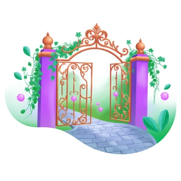 An elaborate ironwork gate stands majestically, intricately designed with swirling patterns and floral motifs. The gate is adorned with a rusty bronze finish, showcasing the passage of time. Behind the gate lies a mysterious garden, partially hidden, with lush green vines cascading over the edges. Pale pastel flowers peek through the gaps in the gate, hinting at the vibrant colors within. Soft morning light filters through the leaves, creating dappled shadows on the cobblestone path that leads to the gate.