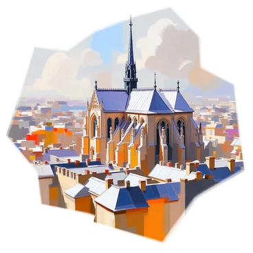 An aerial view of Notre-Dame de Paris showcasing its intricate rooftop architecture. The scene captures the detailed flying buttresses extending from the building, alongside the pointed arches and ornate spires. The distinctive gargoyles are visible along the edges of the roof, overseeing the landscape below. The surrounding Parisian rooftops create a contrasting backdrop, emphasizing the grandeur of the cathedral's design. Sunlight casts shadows that highlight the texture of the stone and the various architectural elements of the structure.