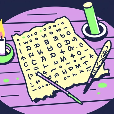 A piece of parchment with a crinkled texture is placed on a wooden table. The parchment is aged, with slightly frayed edges, and has a warm color tone. It is covered with a series of intricate symbols and characters arranged in a cryptic manner. Some characters are larger, while others are smaller, creating a visually complex pattern. An antique quill pen lies next to the parchment, with a small inkpot nearby, suggesting that the message was recently written. The background features hints of a dimly lit room, with the soft shadow of a candle casting a flickering light across the surface of the parchment.