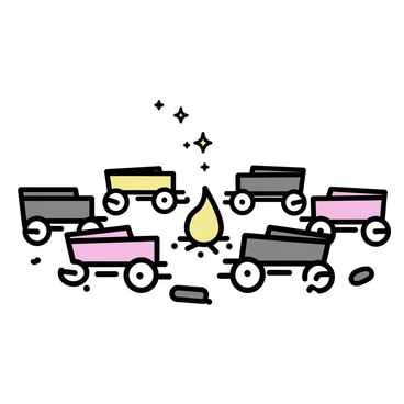 Several wooden wagons, painted in muted colors, are arranged in a circle at a campsite. Each wagon features sturdy wheels and detailed wooden panels. The campfire, situated in the center of the circle, emits a gentle glow. The ground surrounding the wagons is covered with patches of grass and small stones. A few scattered logs are positioned around the fire, providing seating for campers. The sky is clear, revealing a few stars twinkling above.