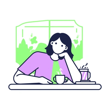 A person is sitting at a table, resting their chin on their hand. They have medium-length hair and are wearing a casual shirt. Their eyes are focused in the distance, conveying a sense of contemplation. The table has a few scattered pieces of paper and a steaming mug in front of them. Soft light illuminates the scene, creating a calm atmosphere. A window in the background shows blurred foliage, enhancing the feeling of introspection.