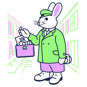 A Victorian rabbit dressed as a postman stands upright, holding a satchel filled with letters. The rabbit wears a tailored coat with a high collar, complete with gold buttons, and a small cap perched atop its head. Its expressive eyes look out as it prepares to deliver a letter, which is held delicately in its right paw. The scene captures the intricate details of the rabbit's clothing, showcasing the texture of the fabric and the formality of the Victorian style. The background features a cobblestone street lined with quaint houses, emphasizing the period setting.