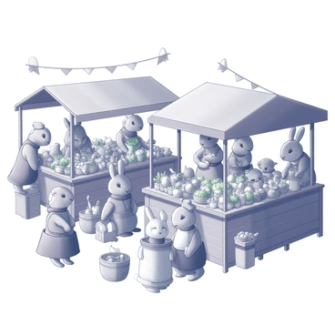 A bustling medieval market scene filled with activity. Several rabbits, dressed in period costumes, are engaged in selling a variety of fresh vegetables and handmade crafts. The market stalls are constructed from wooden planks and adorned with colorful fabric canopies. Various baskets overflow with vegetables such as carrots, radishes, and cabbages, while other stalls feature intricate pottery, textiles, and wooden carvings. A crowd of animal shoppers, including hedgehogs and foxes, move through the market, examining goods and exchanging coins. Lively banners flutter above the stalls, adding to the vibrant atmosphere of trade and community.