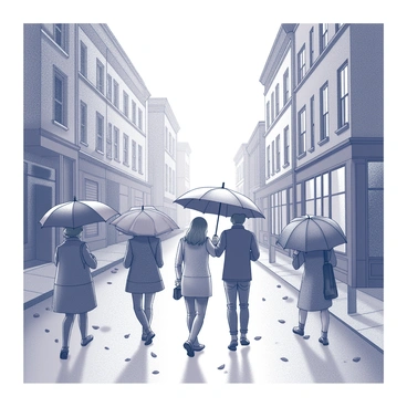 A narrow street lined with old brick buildings. The pavement is wet from a recent rain shower. Several people are walking, each holding an umbrella. Some umbrellas are open, showcasing various patterns and designs, while others are tucked under arms. A couple of people are sharing an umbrella, their bodies slightly angled towards each other. Leaves from nearby trees are scattered along the sidewalk, and raindrops can be seen splashing on the ground. The scene captures a sense of movement and interaction among the pedestrians amidst the gentle September rain.