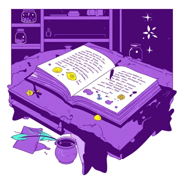 A purple grimoire with a weathered leather cover sits open on an ornate wooden table. The pages are filled with intricate yellow illustrations and handwritten text in a flowing script. Various herbs, crystals, and magical symbols are scattered across the table, adding to the enchanting atmosphere. A faint, glowing light emanates from the pages of the grimoire, casting soft shadows around the room. A quill pen, with a feather that has hints of teal, rests beside an inkpot filled with dark ink. The background features dark wooden shelves lined with jars of mysterious ingredients.