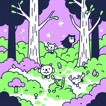 A dense forest filled with various trees and underbrush creates a mystical atmosphere. The ground is dotted with plants that emit a soft glow, illuminating the surroundings in an enchanting way. Among the foliage, whimsical creatures can be seen; some have oversized heads and playful expressions, while others resemble small, mischievous animals. In the background, shadows of larger creatures can be glimpsed, contributing to the sense of wonder. The overall composition showcases a vibrant interplay of light and form, inviting exploration.