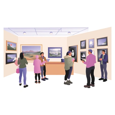 A digital flat illustration depicting an art gallery interior in Huddersfield. The gallery features white walls adorned with various framed illustrations from local artists. Each illustration showcases diverse styles, including landscapes, portraits, and abstract art. There are clusters of visitors throughout the gallery; a woman with curly hair is admiring a large colorful landscape painting, while a man with glasses is taking notes beside a black and white portrait. Near the entrance, a wooden reception desk is visible, with a friendly staff member greeting visitors. Natural light filters through large windows, illuminating the space and creating a welcoming atmosphere.