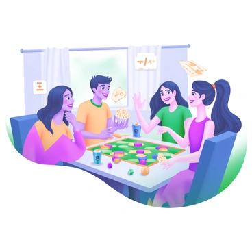 A modern pastel illustration of a lively game night scene. A group of four friends is gathered around a table, deeply engaged in playing math-related board games. There are colorful game boards laid out, with numbers and equations illustrated on them. One friend is looking at a puzzle with a thoughtful expression, while another is gesturing excitedly with a game piece in hand. Snacks and drinks are scattered across the table, including popcorn and soda cans. The background features a cozy living room with soft lighting, creating a warm atmosphere.