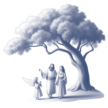 Abraham and Sarah are standing beneath a large, sprawling oak tree. Abraham, depicted as an older man with a long beard, is smiling widely and extending his arms in a welcoming gesture. Sarah, a woman with long hair, stands beside him with a bright expression, her hands clasped together in excitement. In front of them, two angelic figures are approaching, their wings slightly unfurled and their robes flowing gently around them. The scene is filled with a sense of warmth and joy, highlighted by the shaded area created by the oak tree's expansive canopy.