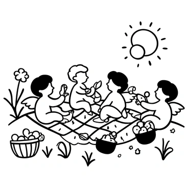 A group of cherubs gathered on a hillside, surrounded by a lush landscape. The cherubs are playfully seated on a checkered blanket, with various baskets filled with fruit placed around them. Some cherubs are holding pieces of fruit, while others are reaching into the baskets. The hillside is dotted with wildflowers, and the sun casts light across the scene, highlighting the cherubs and their picnic setup.