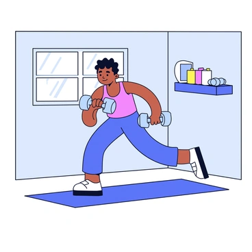 A person performing reverse fly exercises with dumbbells in a small home gym. The individual has a focused expression while bent slightly forward. They are holding a pair of light blue dumbbells. The gym features a simple setup, including a yoga mat, a wall mirror, and a small shelf with fitness accessories. The walls are painted a soft gray color, and there is a window allowing natural light to fill the space.