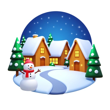A festive holiday card illustration featuring a snow-covered village. The village has charming cottages with thatched roofs blanketed in white snow. Twinkling lights adorn the windows and rooftops, creating a warm glow. Pine trees with snow on their branches surround the homes, and a clear night sky is filled with stars. In the foreground, a snowman with a scarf and a carrot nose stands cheerfully beside a path leading through the village.
