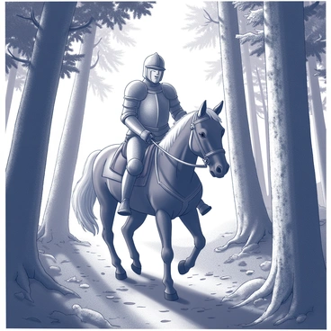 A knight is mounted on a horse, moving through a dense forest. The knight wears shining armor that reflects the light filtering through the tall trees. The horse is strong and powerful, its mane flowing as it trots along a narrow path covered in leaves and twigs. Surrounding the knight are thick trunks of ancient trees, their foliage lush and dense. Sunlight breaks through the canopy, creating speckled light on the ground. In the background, glimpses of wildlife can be seen among the underbrush, hinting at the life within the forest. The knight’s expression is determined, embodying the spirit of adventure on this quest.