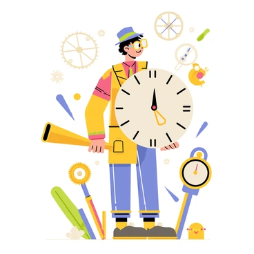 A whimsical card design featuring a time traveler dressed in a colorful, retro outfit. The time traveler holds a large, ornate clock with intricate gears on one side. Surrounding the traveler are various vintage gadgets, including a brass telescope, an old-fashioned compass, and a pocket watch. The background includes floating gears and clock hands, adding to the theme of time travel. The card is decorated with vibrant colors and playful patterns, enhancing the whimsical feel of the design.