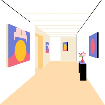 A stylish boutique hotel hallway with smooth wooden floors and white walls. The hallway features large contemporary artwork pieces hanging prominently on the walls, each piece showcasing bold colors and abstract shapes. Soft, warm lighting illuminates the hallway, accentuating the features of the artwork. At the end of the hallway, there is a sleek, modern console table with a small vase of fresh flowers placed on top.