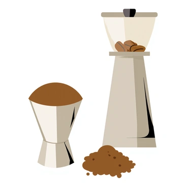 A portafilter with a shiny metallic finish lies next to a coffee grinder. The portafilter is filled with freshly ground coffee beans, showcasing a rich, dark brown color and a fine, even texture. The coffee grinder stands tall, made of sleek stainless steel with a clear container at the top filled with whole coffee beans. A small pile of freshly ground coffee is scattered on the countertop next to the portafilter, emphasizing the freshness and aroma of the coffee preparation process.
