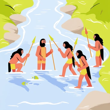 A group of Neanderthals standing by a clear flowing river, each holding a wooden spear. The river is surrounded by lush green vegetation and smooth stones on the riverbank. Sunlight reflects off the water, creating ripples and highlighting the movement of fish beneath the surface. The Neanderthals are depicted in various poses, some crouched low and focused, while others stand ready to make their catch. Their clothing consists of animal skins, and their expressions show concentration and determination as they engage in the fishing activity.
