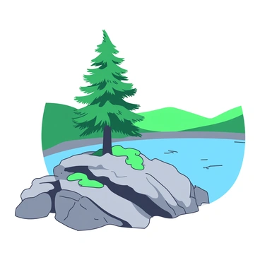 A green pine tree stands solitary on a rugged gray rocky outcrop. The tree is tall with a bushy canopy that extends outward, casting a small shadow on the ground below. In the background, there is a tranquil blue lake that reflects the clear sky, surrounded by gentle green hills. The rocky outcrop is uneven, with various sizes of stones scattered around, some partially covered in patches of soft green moss. The scene is calm and inviting, showcasing the beauty of nature.