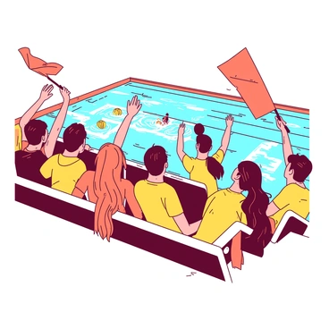 A group of enthusiastic spectators wearing bright yellow shirts is seated in the stands, waving orange flags and holding colorful banners. Their faces display excitement and joy as they cheer for the water polo match happening below. Some spectators are clapping and others are standing, raising their arms in celebration. In the background, the water polo field is visible, with players splashing in the water. The atmosphere is vibrant and energetic as the crowd engages with the match.