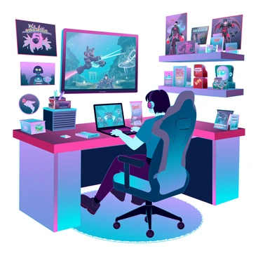 A cozy room bathed in warm, soft lighting. A focused gamer with medium skin tone and short black hair is seated in a comfortable gaming chair, eyes intently fixed on a large flat-screen TV displaying an action-packed game scene. The walls are adorned with posters of popular video games, and shelves are filled with various game merchandise, including action figures and collectibles. The room features a cluttered desk with a sleek gaming laptop, headphones resting on its surface, and snack wrappers scattered around, indicating a long gaming session. A plush rug lies beneath the chair, adding to the inviting atmosphere.