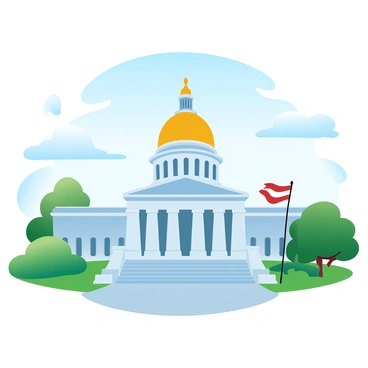 The Georgia State Capitol building stands tall with its impressive architecture and a golden dome that shines brightly in the sun. The structure is adorned with intricate details and large columns at the entrance. Surrounding the building are lush green trees and manicured lawns. In front of the capitol, a wide pathway leads up to the steps, while a clear blue sky stretches overhead, enhancing the vibrant colors of the scene. A small flagpole with the state flag is positioned nearby, fluttering gently in the breeze.