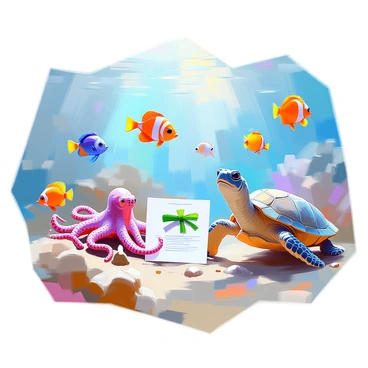 An underwater scene featuring various sea creatures, including colorful tropical fish, a graceful sea turtle, and a curious octopus. Each creature is holding a certificate, which is elegantly tied with seaweed ribbons. The fish are swimming around playfully, while the turtle glides smoothly through the water. The octopus is displaying its certificates proudly, its tentacles gently curled around the documents. Sunlight filters down from the surface, casting dappled light on the sandy ocean floor decorated with coral and small shells.
