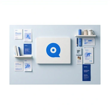 An office wall featuring multiple branding materials, including a large logo prominently displayed at the center. Surrounding the logo are framed posters with vibrant graphics and typography, all adhering to a consistent color palette of blue and white. There are also shelves mounted on the wall that hold branded merchandise, such as notebooks, mugs, and pens, all designed to reflect the company's identity. The wall has a clean, modern finish, and the overall arrangement emphasizes a unified design theme.