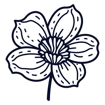 A black flower with intricate petal designs and delicate veins. The flower has multiple layers of petals that create a full bloom. Each petal features unique patterns, adding depth to the overall structure. The center of the flower contains tightly packed stamens, surrounded by the petals. The drawing is outlined in bold ink, highlighting the contrast between the black flower and the white background.