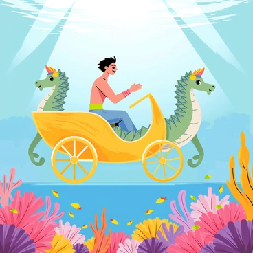 Aquaman is depicted riding a golden chariot that is elegantly designed with intricate ocean motifs. The chariot is being pulled by two majestic seahorses, which are adorned with shimmering scales and flowing fins. Surrounding them, a vibrant coral reef is visible, filled with various colorful corals in shades of pink, purple, and orange. Schools of small fish in bright colors swim around the coral, creating a lively underwater scene. Sunlight filters through the water, casting a beautiful glow on the chariot and its riders.