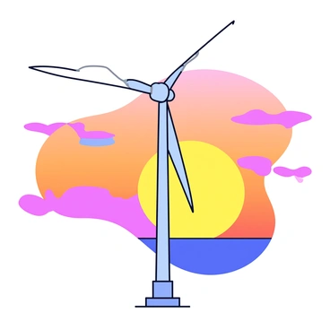A wind turbine with long, slender blades extending outward. The turbine's base is positioned firmly on the ground, creating a strong silhouette. The backdrop features a sunset sky filled with vibrant shades of orange and pink, blending seamlessly together. The scene captures the peaceful transition from day to night.