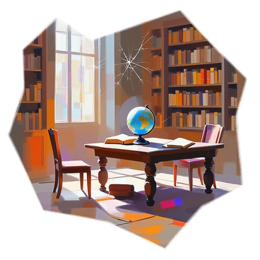 An old library filled with tall, wooden shelves lined with dusty books, some stacked haphazardly. Cobwebs are visible in the corners of the room, gently swaying in the faint drafts. The dim lighting casts soft shadows across the floor, highlighting the rich texture of the worn wooden floorboards. A large, ornate wooden table sits in the center, surrounded by a few mismatched chairs. A globe rests on the table, partially obscured by dust, while an ancient, leather-bound book lies open nearby, its pages yellowed with age.