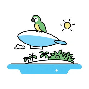 A colorful parrot with vibrant green and yellow feathers perched on top of a large zeppelin. The zeppelin has a sleek, elongated shape with a soft blue and white pattern on its surface. Below, a lush tropical island stretches across the scene, featuring dense palm trees, white sandy beaches, and crystalline blue waters. The sky is clear with a few fluffy white clouds, and the sun casts a warm glow over the entire landscape.