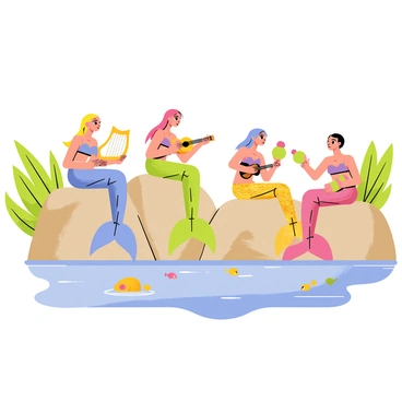 A group of five mermaids sitting on rocky outcrops in a secluded lagoon. Each mermaid has a different colored tail; one with a shimmering blue tail, another with a vibrant green tail, a third with a bright pink tail, a fourth with a golden tail, and the last with a purple tail. The mermaids are playing various musical instruments: one is playing a harp, another is strumming a ukulele, a third is holding a set of maracas, the fourth is playing a flute, and the last is beating a drum. The lagoon's water is clear and reflects the sunlight, with small tropical fish swimming around the rocks. Lush green foliage surrounds the lagoon, creating a serene atmosphere.