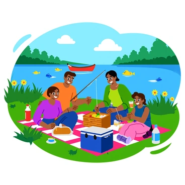 A family of four is sitting on a colorful picnic blanket by a lakeside, surrounded by green grass and blooming wildflowers. The parents are smiling as they prepare a picnic basket, which is filled with sandwiches, fruit, and drinks. The children are excitedly holding fishing rods, while a small boat floats gently in the background. Nearby, a cooler holds refreshments, and a thermos sits on the blanket. The surface of the lake sparkles in the sunlight, with a few ducks swimming nearby. In the distance, lush trees frame the serene scene, completing the cheerful atmosphere of their fishing trip.
