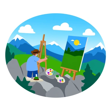 An easel is positioned on a rocky mountain peak, its wooden frame contrasting against the rough terrain. A canvas is mounted on the easel, displaying vibrant colors that mimic the breathtaking landscape around it. An artist stands in front of the easel, focusing intently as they paint the sprawling valleys and distant peaks. The artist wears a light blue shirt and a brown hat, while holding a palette filled with a mix of bright paints. The sky above is a brilliant blue with fluffy white clouds. Lush greenery is visible in the valleys below, and the sunlight casts dynamic shadows on the rocks surrounding the easel.