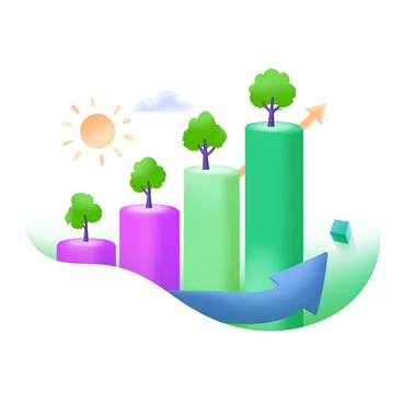 A modern pastel illustration featuring a bar graph with four colorful bars in shades of green and blue. Each bar is topped with a small tree, lush and vibrant, indicating growth. The trees have bright green leaves and are different heights, symbolizing varying levels of dividend growth. The background is minimalistic, allowing the bar graph and trees to stand out prominently. There are subtle elements like a sun peeking from the corner and a light breeze suggested by gently swaying leaves.