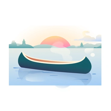A canoe is floating on a calm lake, reflecting the soft colors of a sunrise. The canoe is mainly dark green with light wood accents, gently bobbing on the water. Vapor is rising from the surface of the lake, creating a misty effect in the early morning light. In the background, silhouettes of distant trees can be seen against the horizon, and the sky is painted with hues of orange, pink, and soft blue as the sun begins to rise. The water is smooth, with small ripples created by the gentle movements of the canoe.