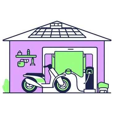 A solar-powered garage is visible with solar panels mounted on the roof. The garage door is partially open, revealing a sleek electric motorcycle positioned inside. The motorcycle is connected to a charging station, with a cable running from the station to the vehicle. Various tools and equipment are neatly arranged on shelves along the wall, while a workbench sits to the side. Natural light filters in through the garage door, illuminating the motorcycle and the surrounding area.