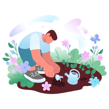 A slowboy is kneeling in a garden, surrounded by vibrant blooming flowers in various colors. He is gently pulling weeds from the soil, focused on nurturing the plants. Alongside the flowers are rows of green vegetables, with some just beginning to sprout. A small watering can is nearby, glistening in the sunlight. The garden is filled with lush green foliage and several brightly colored butterflies fluttering around the blossoms.