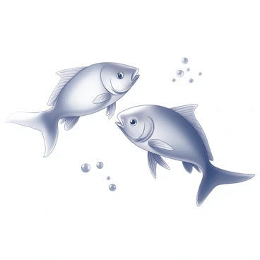 Two fish swimming closely together, their bodies curving and aligning to form a heart shape. The first fish has a streamlined body with delicate fins, while the second fish complements it with a slightly rounder shape and more pronounced tail fins. Bubbles trail behind them, illustrating their movement through clear water. Light catches on their scales, enhancing the details of their features as they gracefully glide side by side.