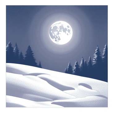 A full moon positioned high in the night sky, illuminating a snowy landscape below. The ground is covered with a thick layer of snow that glistens under the moonlight. Shadows are cast by the moonlight, creating distinct patterns on the surface of the snow. In the distance, a snow-covered forest is silhouetted against the bright moon, enhancing the contrast of light and shadow in the scene. The overall composition highlights the tranquility and beauty of the winter night.