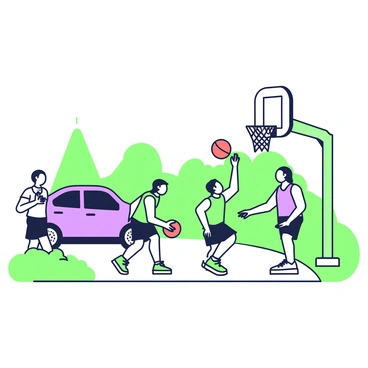 A portable basketball hoop is positioned on a driveway in a suburban neighborhood. The hoop features a green pole and a backboard. A small group of four individuals is gathered around the hoop, engaged in a game. Two players, one wearing a green shirt and the other in a purple tank top, are actively dribbling the basketball. The other two players, one on the sidelines, are cheering and the other is preparing to receive a pass. Nearby, there is a parked car on the driveway, and a well-maintained lawn with a few trees in the background. The atmosphere is lively with a sense of friendly competition.