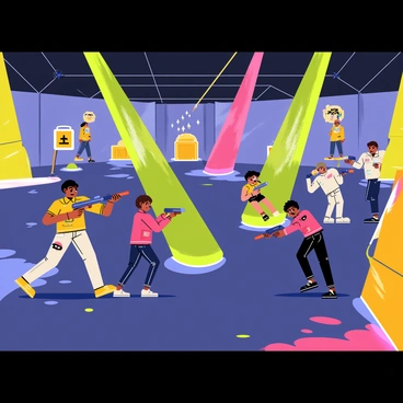 A lively laser tag arena filled with players in futuristic outfits. The arena is illuminated with bright, colorful laser beams in shades of green, blue, pink, and yellow shooting through the air. There are various obstacles like inflatable walls and glowing structures where players are hiding or taking cover. Some players are aiming their laser guns while others are in action, running or dodging. The floor is dark with splashes of neon colors, and the atmosphere is energetic and vibrant with excitement.