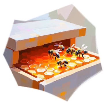 A close-up view of a beehive filled with busy bees working together to produce golden honey. The hive is constructed from wood, and the hexagonal honeycomb cells are visible, filled with glistening, amber-colored honey. Several bees are seen collecting nectar and transferring it into the honeycomb, while others are fanning their wings to regulate the temperature inside the hive. The scene captures the intricate and organized activity of the bees as they collaborate in their task.