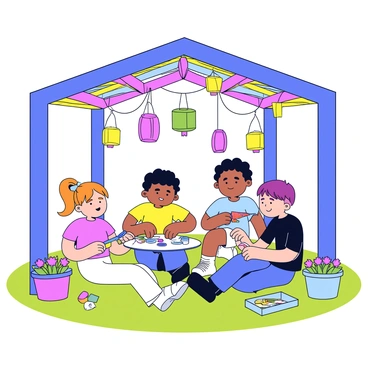 A group of children is painting and crafting under a colorful pergola. The pergola features vibrant, multi-colored wooden beams and is adorned with hanging decorations, such as paper lanterns in various shapes. Each child is engaged in different activities, with one holding a paintbrush, another cutting colorful paper, and a third assembling a craft project. The grass beneath them is bright green, and there are scattered art supplies like paint tubes and brushes around. In the background, there are flower pots with blooming flowers that add even more color to the scene.